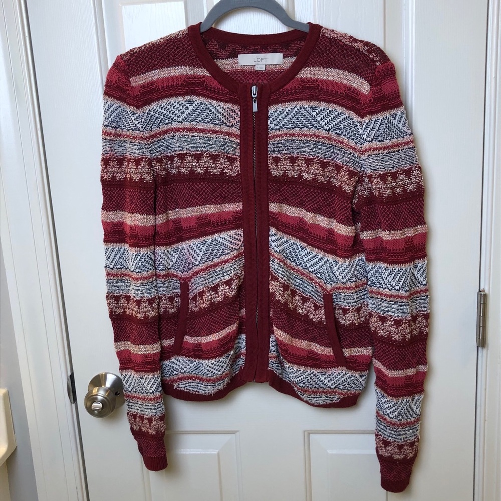 LOFT Red Striped Zip Up Jacket Sweater